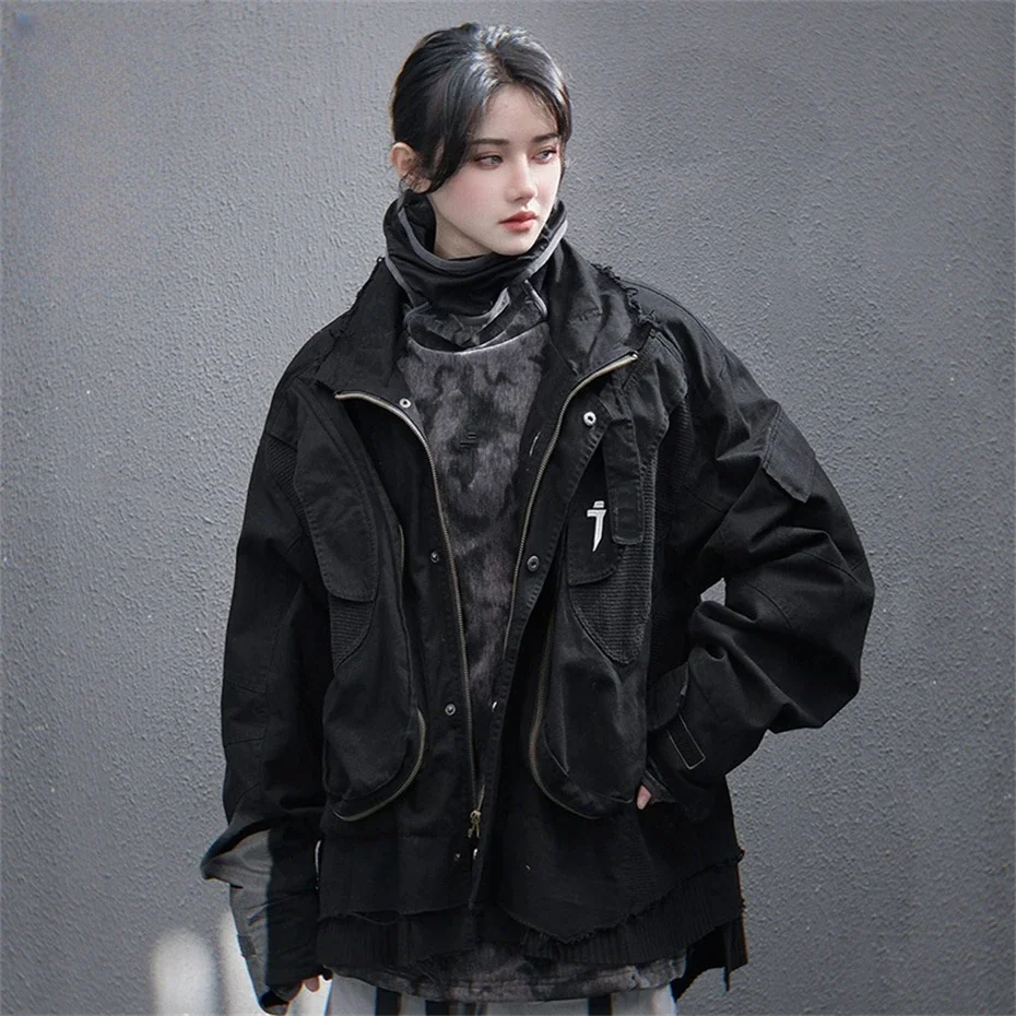 Techwear-女性用タクティカルボンバージャケット,カーゴジャケット,ポケット付きカジュアルコート,特大ストリートウェア,原宿服,春,2022