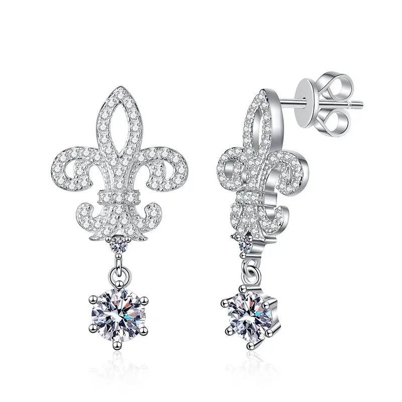 

S925 Sterling Silver Mosang Diamond Earrings, Crown Queen Iris, High Grade 1 Carat D-Color Earrings, Wedding Jewelry Wholesale