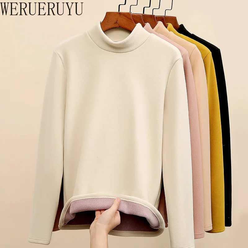 

Элегантная женская футболка с высоким воротником Y2k, корейская осенне-зимняя фланелевая утепленная футболка с длинными рукавами, однотонные женские футболки