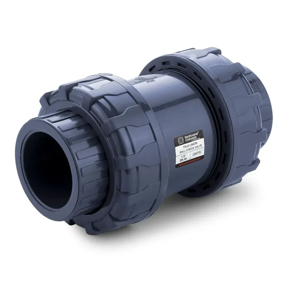 Gray true union ball check valve 1 1/2 inch full port PVC EPDM seals 200 PSI corrosion free maintenance free socket end