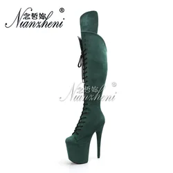 20cm Women Over The Knee Boots Strip Pole Dance Thin Heels 8Inch Flock Platform Peep Toe Nightclub Sexy Gothic Fetish Gladiator