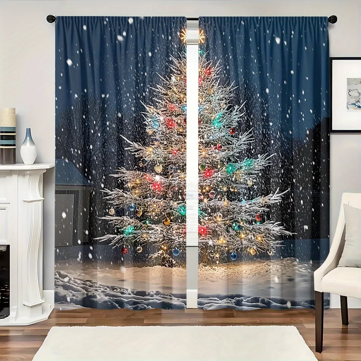 2pcs Set Christmas Tree Curtains with Lights - Elegant Window Drapes, Light Filtering Privacy Sheer Curtains for Living Room