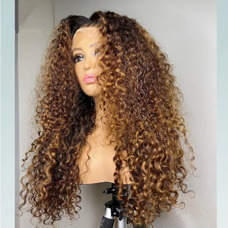 

Preplucked Long 180Density 24Inch Ombre Blonde Kinky Curly Lace Front Wig For Women BabyHair Heat Resistant Glueless Daily Wig