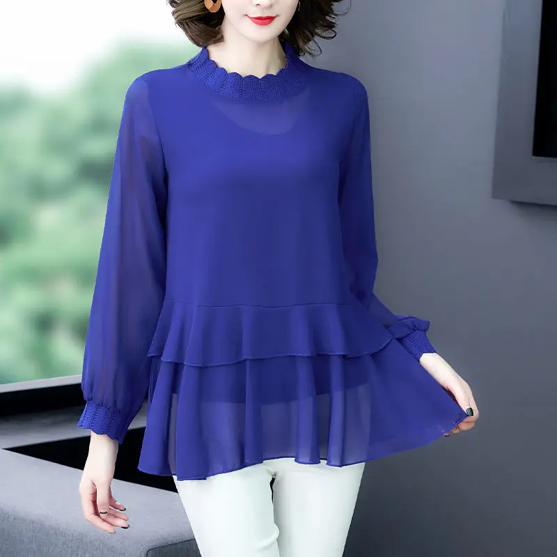 Fashion Solid Color Folds Ruffles Chiffon Blouse Women Clothing 2023 Autumn New Oversized Casual Pullovers Loose Commute Shirt