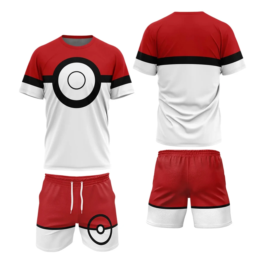 Bandai Pocket Monster Pokeball AOP Print 2Pcs Set Summer Breathable Quick Dry Comfy Athleisure T-Shirt & Shorts for Adults Kids