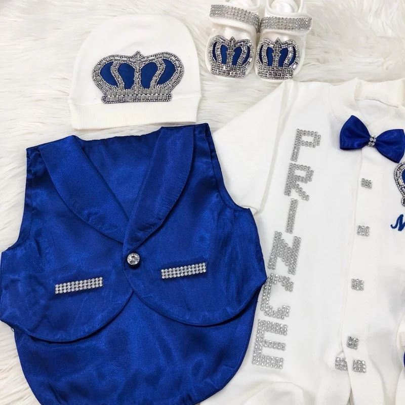 Soft Cotton Newborn Prince Outfit 0-9 Months 5Pcs White Royal Blue Satin Vest Bow Tie Rhinestone Crown Footed Romper