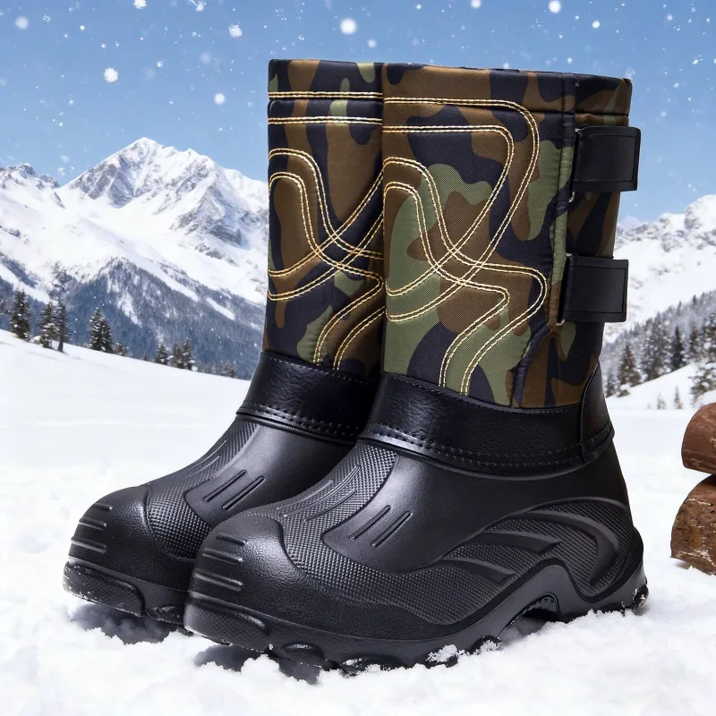 Men Winter Mid‑Calf Snow Boots Camouflage Magic‑tape Design Waterproof Non‑slip Rubber Sole Outdoor Warm Boots