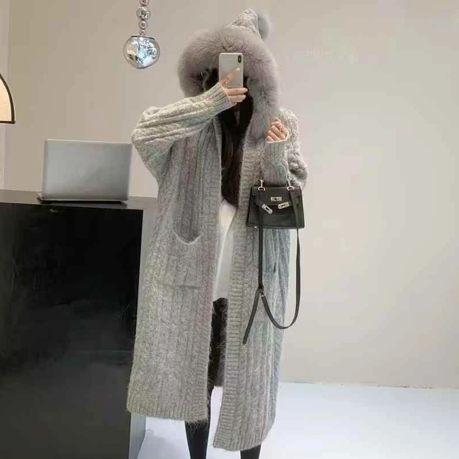 Felpa con cappuccio Maglioni con collo in vera pelliccia di volpe per donna Maglione in cashmere Autunno Inverno Nuovo stile Giacche in pelliccia di cashmere