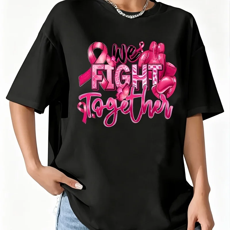 We Fight Breast Cancer Together Women's T-Shirt 100% Cotton Fun Print Short Sleeve Top Casual Round Neck Tee S-5Xl
