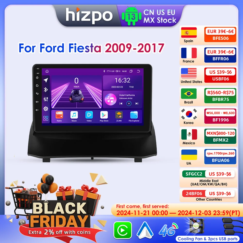 Hizpo 9 Inch Car Radio for Ford Fiesta 2009 - 2017 2din Android Multimedia Video Player GPS Navi Wireless Carplay Auto Screen