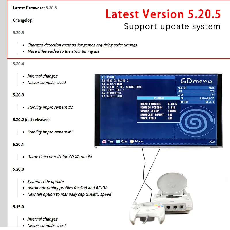 SEGA 드림캐스트 GDEMU V5.20.5 광학 드라이브 아날로그 보드 및 원격 카드 설치 키트, GDU DC VA1 콘솔 쉘 세트, 5 20