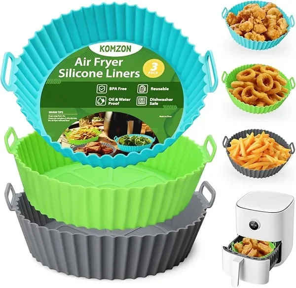 

3 Pack 8in Air Fryer Silicone Liners, Reusable Oven & Baking Tray Liners, Food Grade Accessories