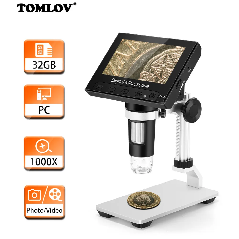 TOMLOV DM4 Video Microscope USB Digital Endoscope 1000X Magnification Camera Lens Adjustable LED Microscopio Electronic Repair