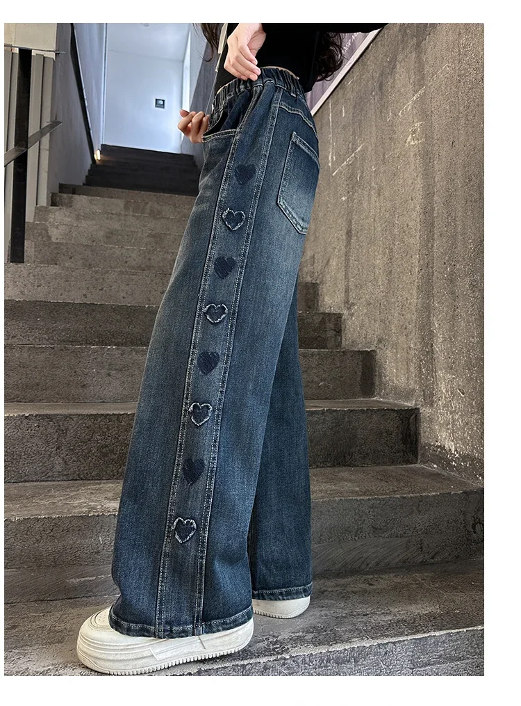 ZOETOPKID Herbst Teenager Mädchen Herz Jeans Mode Retro Weites Bein Gerade Denim Hosen Kinder Casual Streetwear Jeans Hosen – Detail 5