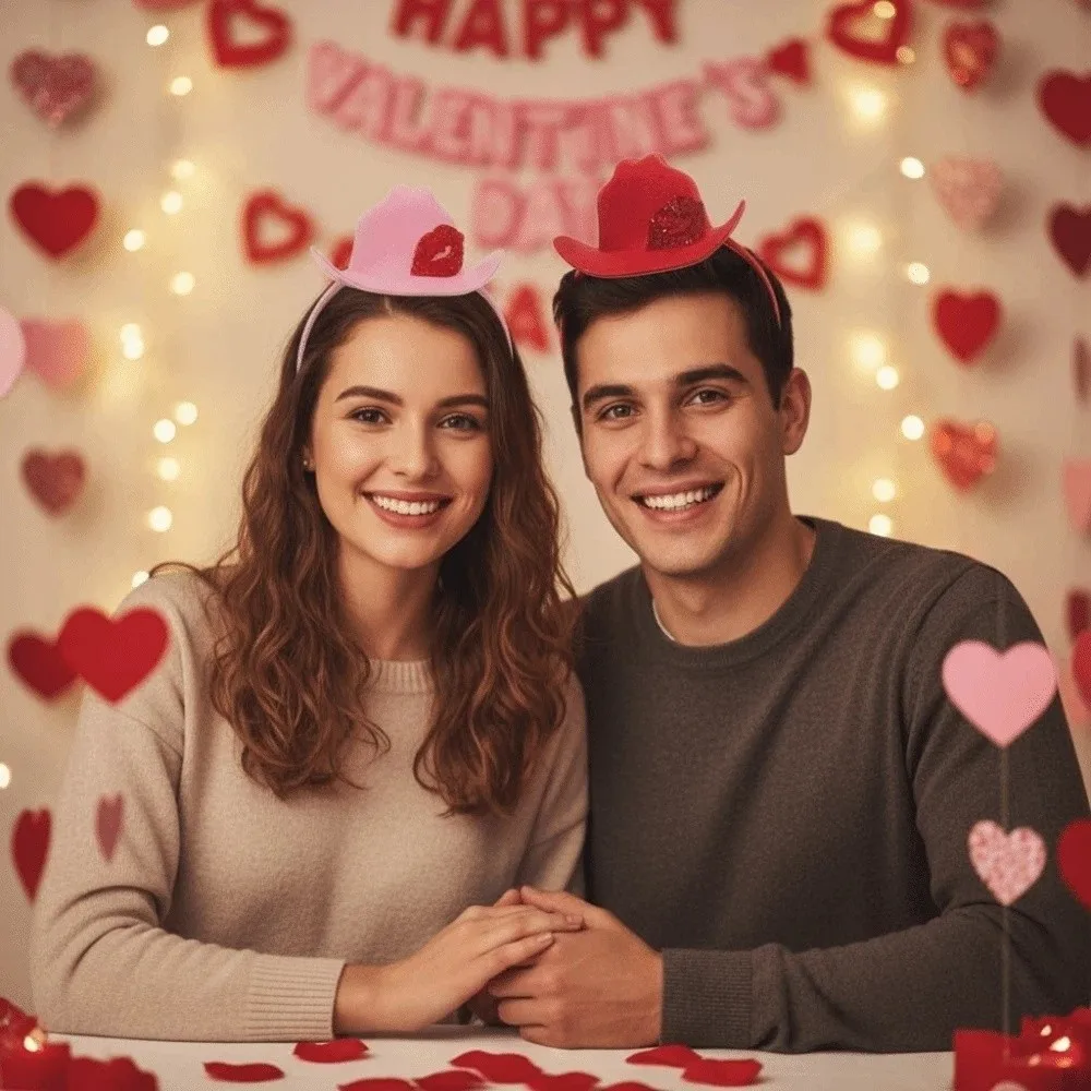 

Felt Valentine's Day Hair Hoop Plastic Sequins Pink Cowboy Hat Headband Sweet Pink Shining Lip Print Hairband Men