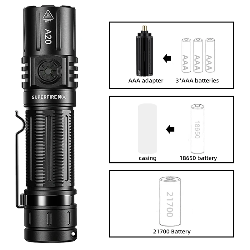 SUPERFIRE A20 EDC Flashlight Type-c Rechargeable 21700/18650/3AAA Battery Portable Tactical Torch for Camping Emergency lighting