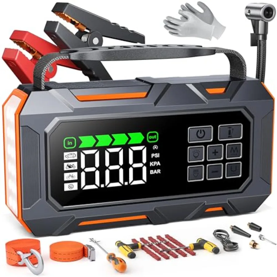 16-in-1 Portable Car Jump Starter with Air Compressor 160PSI and 8000A High-Capacity Power Bank for All Gas 12L Diesel Vehicles
