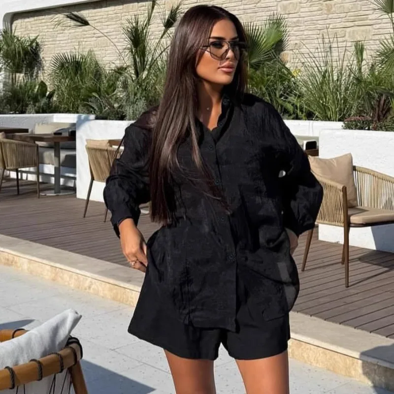 Plus Size African Women's 2Pcs Black Summer Set Sheer Oversized Shirt + Shorts Set Elegant Casual Beachwear Outfit For Vacation
