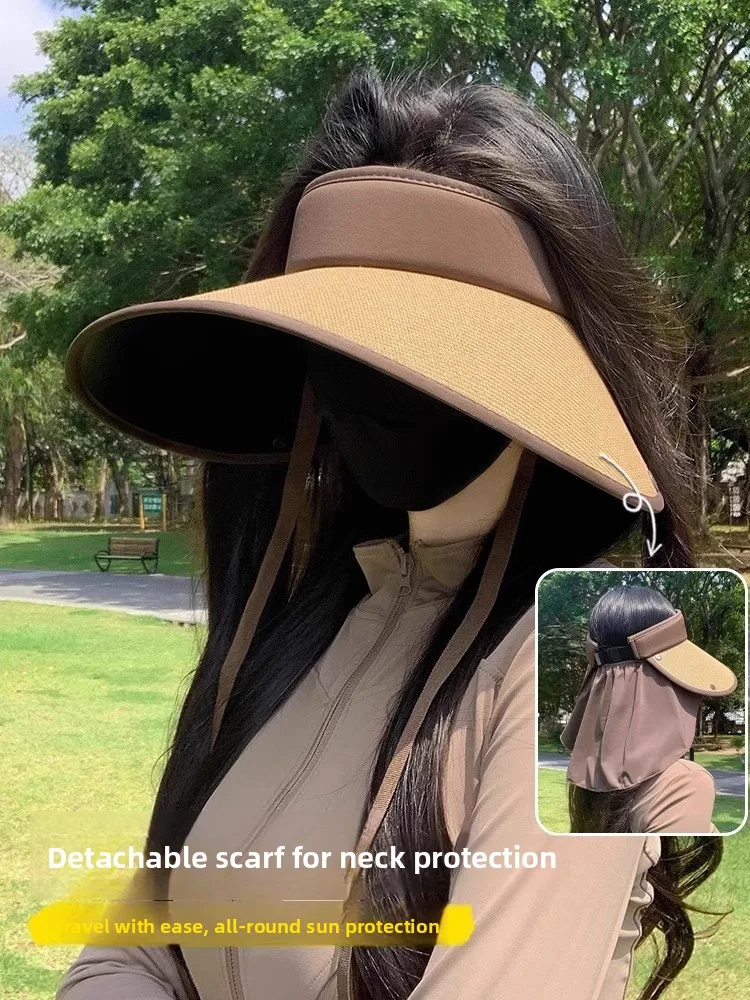 2026 New Women's Summer Outdoor Sun Hat Large Brim Hat Grass Woven Empty Top UV Protection Neck Guard Casual Style Travel Cap
