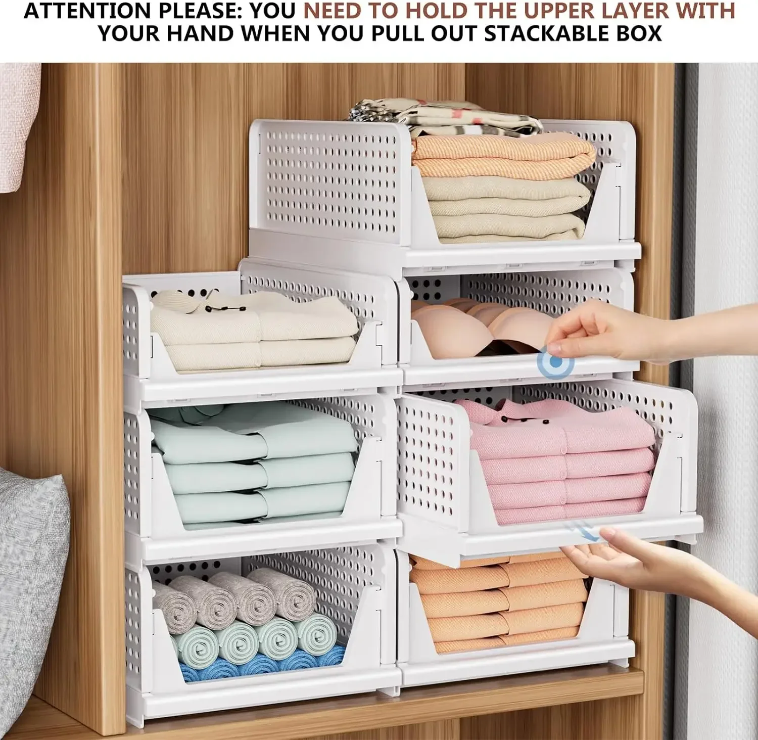 5 Pack Folding Closet Organizers Storage Box, Stackable Storage Bins Plastic Drawer Basket Closet Storage for Wardrobe Cupboard