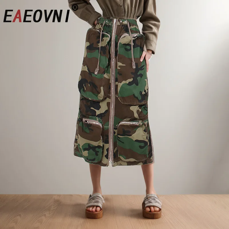 

EAEOVNI уличная камуфляжная юбка для женщин, модная длинная юбка на молнии со шнуровкой и карманами в стиле пэчворк, повседневная новая одежда 2023 г.