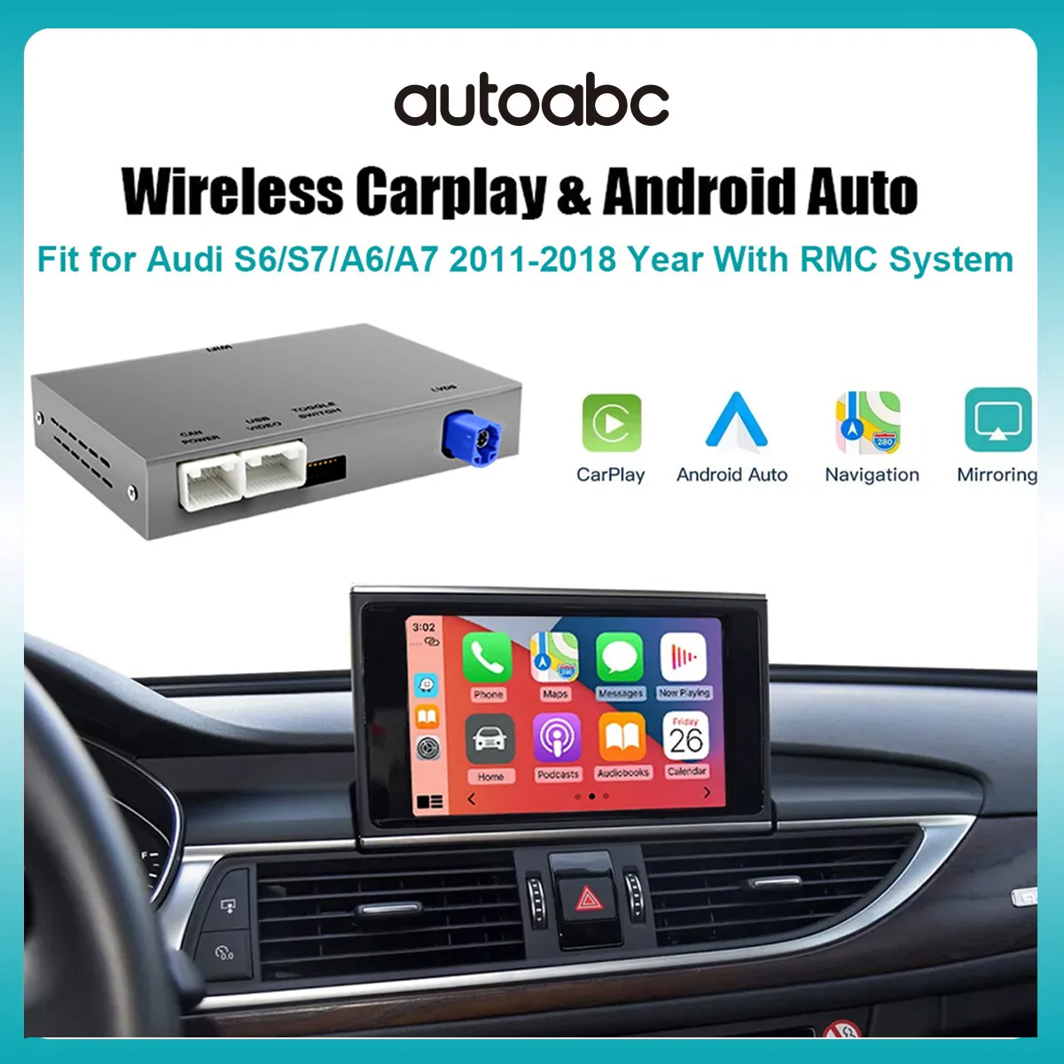 Kabelloses CarPlay Android Auto Interface für Audi RMC A6 A7 2012-2018 Mirror Link AirPlay Navigationsfunktionen Rückfahrkamera