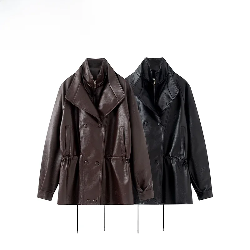 Fashionable Double Layer Stand Collar Pleated Waist Inward Double Button Coat ZR Summer New Arrival Women's Polyester Fiber