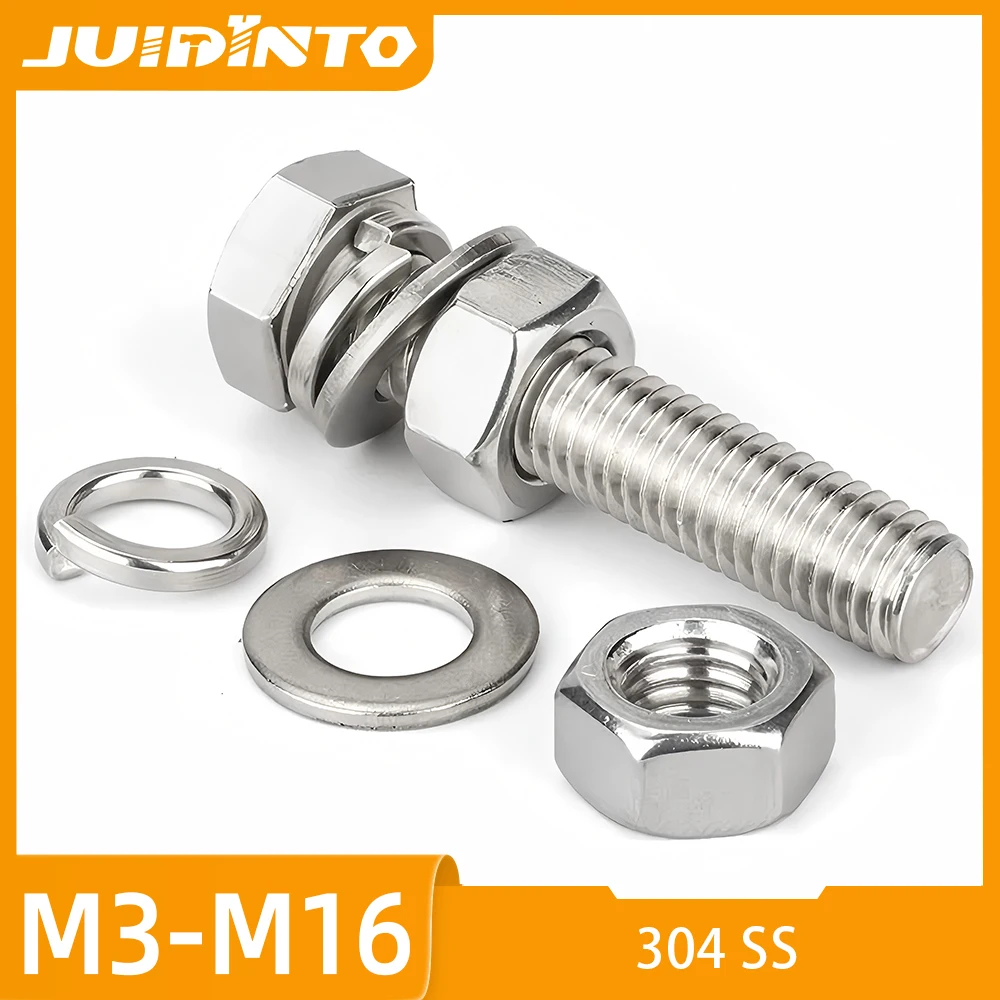 1-5sets Hex Bolt Nuts Set and Flat & Spring Lock Washer 304 Stainless Steel M3 M4 M5 M6 M8 Hexagon Head Combination Screws