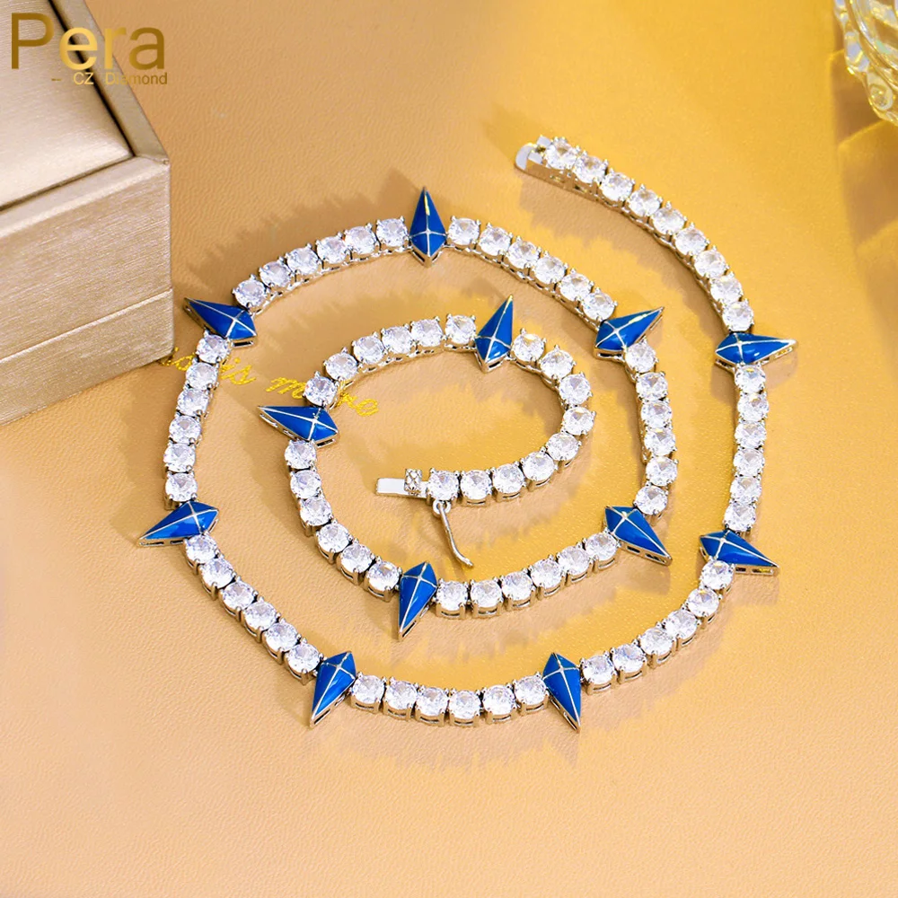 

Pera Hip Hop Iced Out Cubic Zirconia Blue Pointy Charm Tennis Chain Cuban Necklaces for Women Rock Prom Party Jewelry Gift P052