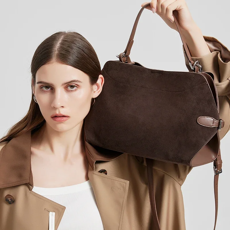 

New Winter Women's Natural Suede Leather Shoulder Bags Female Soft Cowhide Durable Crossbody Bag Ladies Fashion Commute Handbags