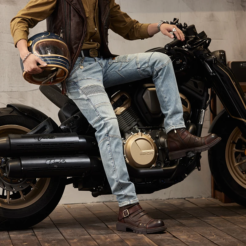 

2024 New Retro Nostalgic Stitching Motorcycle Jeans Men's Slim Fit Skinny Elastic Trend Skinny Trousers