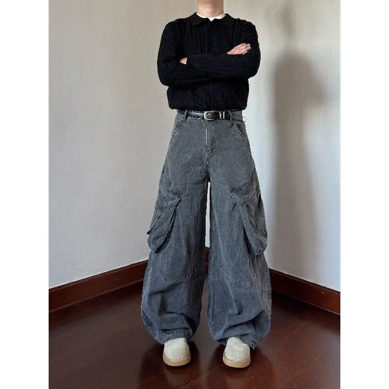 

Retro American Waed Multi-ket Work Trousers Loose Wide Leg Casual Long Pants Men Women Faionable Straight Cut Jeans
