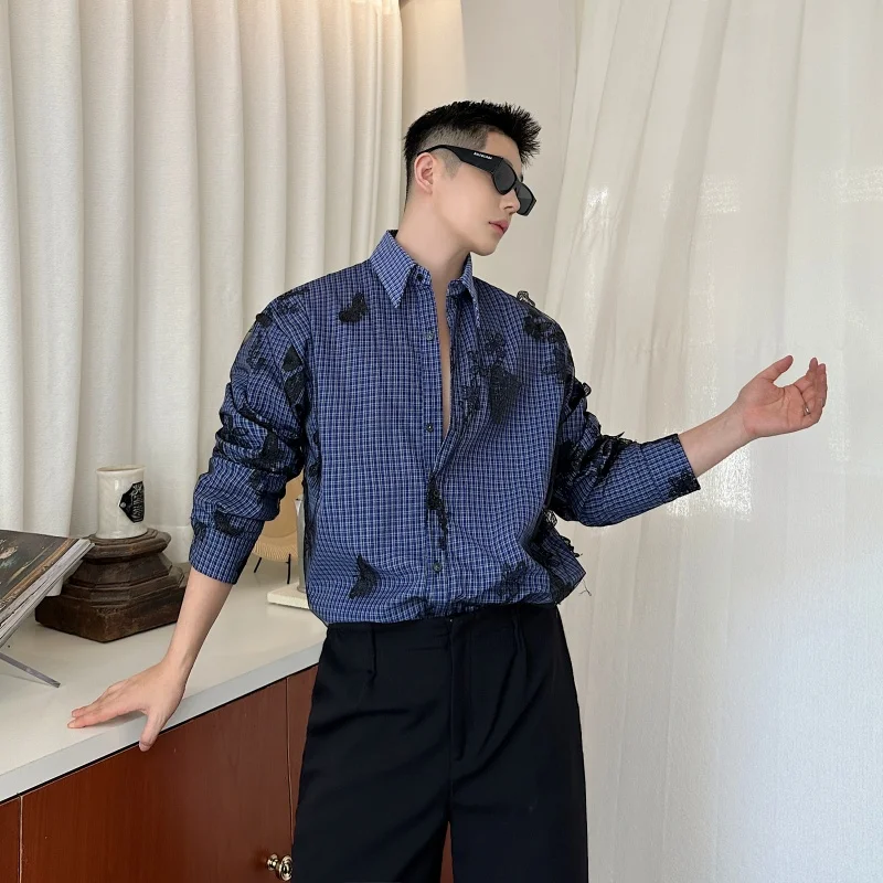 

Мужская рубашка свободного кроя с длинным рукавом, весенняя, синяя, в клетку, с пэчворком и вышивкой, повседневная верхняя одежда