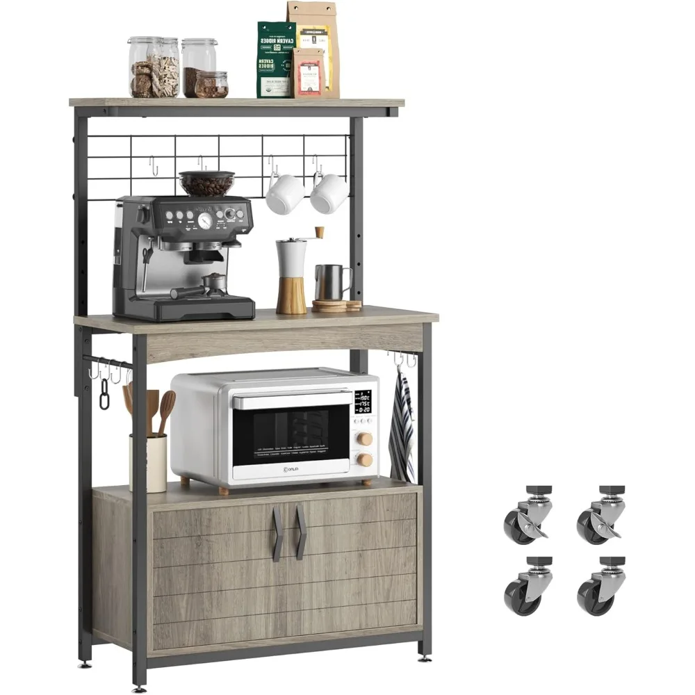 Height-Adjustable Kitchen Bakers Rack with Storage Cabinet and Wheels for Industrial Rolling, Ideal for Microwave Stand
