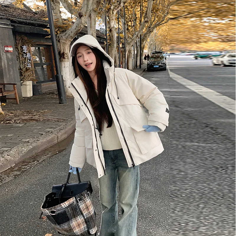 

Women Fur Collar Hooded Down Cotton Jacket Winter New High-End Fashion Hooded Loose Thickened Cotton-padded Jackets Short Coat