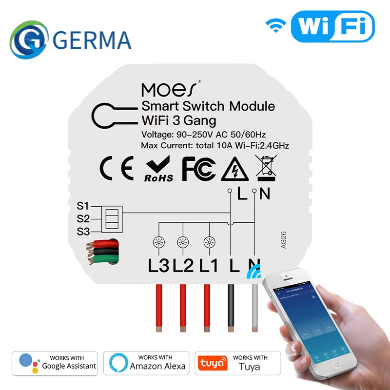 GERMA Mini DIY WiFi Smart Light Switch 3 Gang 1/2 Way Module Smart Life/Tuya App Control Works with Alexa Echo and Google Home