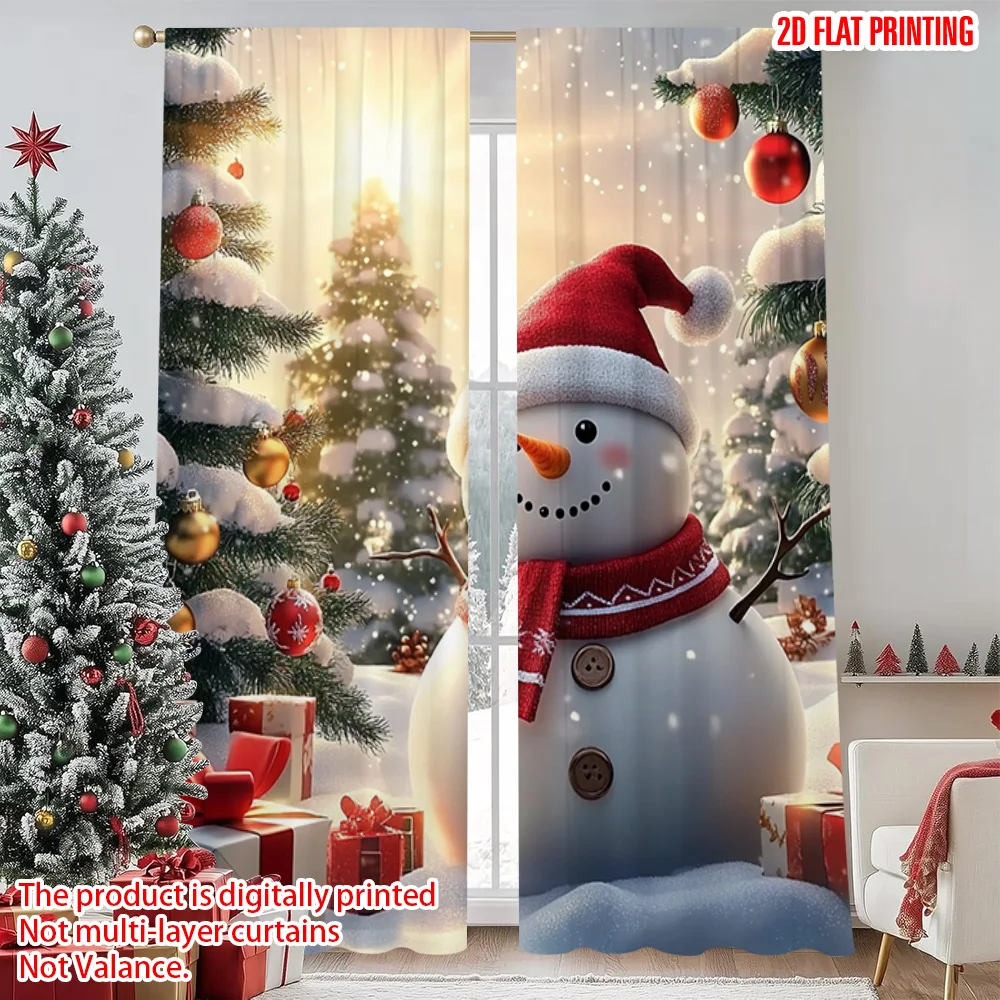 

2pcs 2D flat printing Merry Christmas Scene Curtains Christmas tree and snowman Machine Washable Fabric Without Electricity