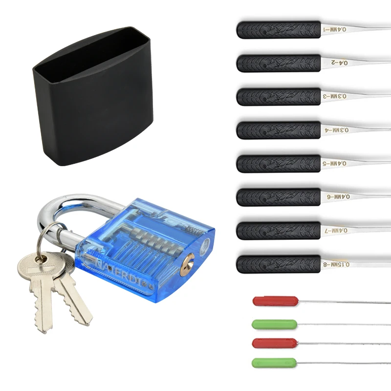 Herramienta de cerrajería, cerradura transparente Visible, candado de práctica recortada, juego 2 en 1 con 12 Uds. De ganchos para quitar llaves rotas