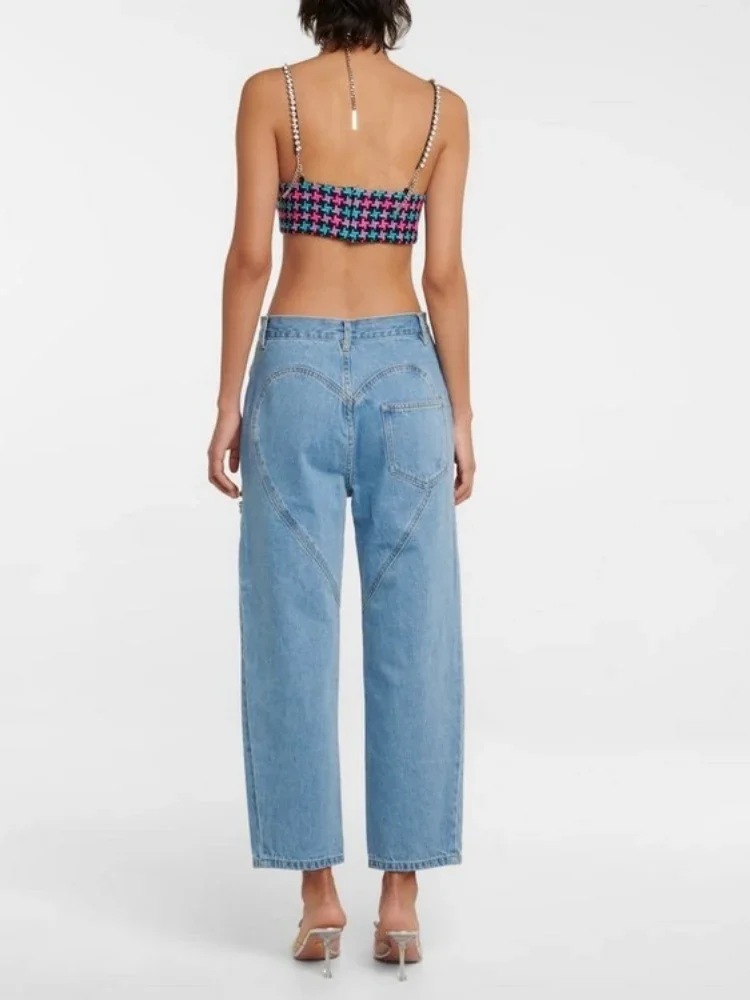 New Women's Hollow Out Denim Pants High Street Diamond Studded High Waist Patchwork Wide Leg Pants Summer Tide Flares Jeans