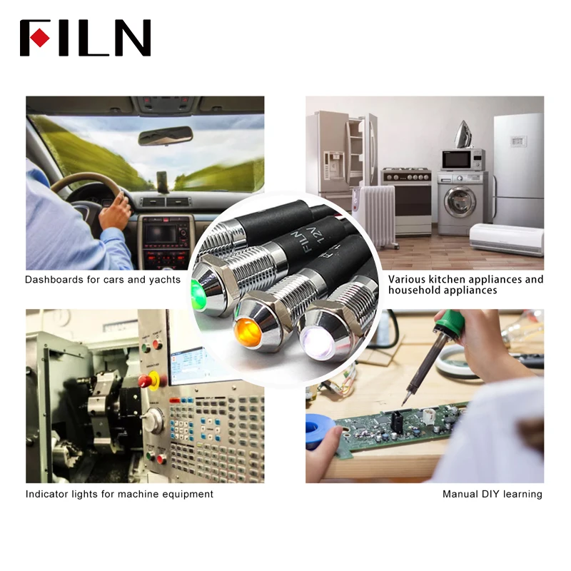 Pannello luminoso a LED FILN da 8 mm Guscio in metallo nero Mini 12V 24V 110V 220V con cavo da 20 cm Testa rialzata montata su pannello luminoso a LED