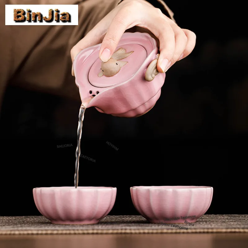 Pink Ru Kiln Good Luck Charm Ceramic Travel Tea Set Kit Aesthetic 1 Pot 2 Cups Tea Making Organizer Portable Camping Handbag
