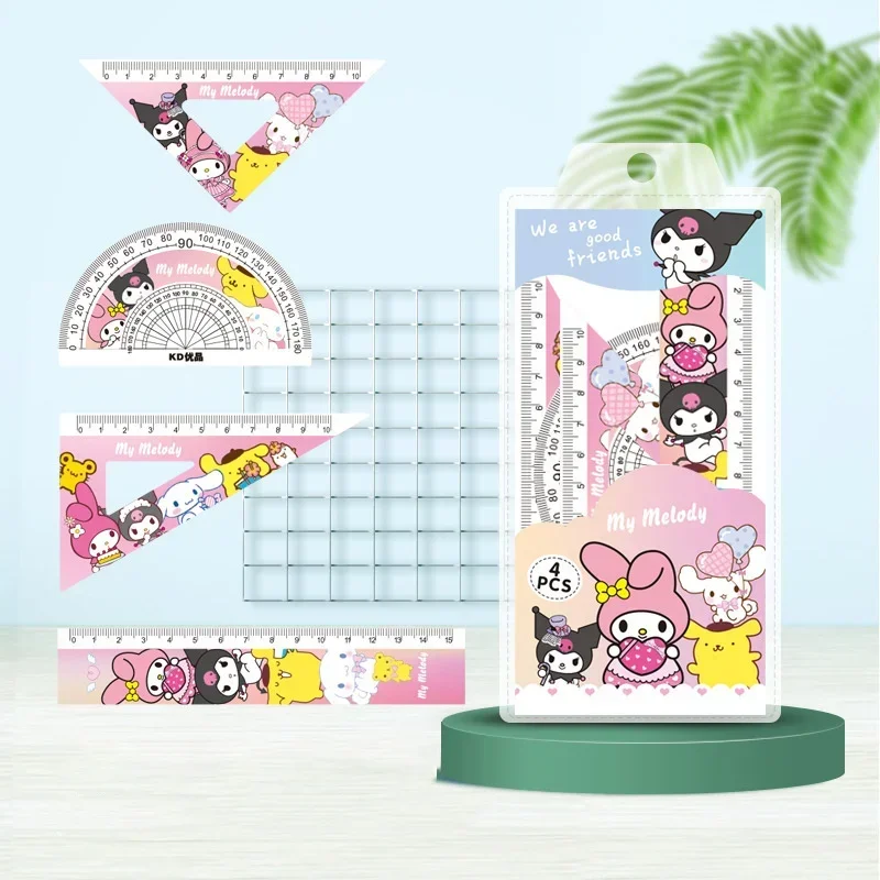 4PCs Set Hello Kitty Girl Ruler Set Stationery Cartoon Ruler Drawing Measurement Geometric Triangle Ruler School Supplies Gift