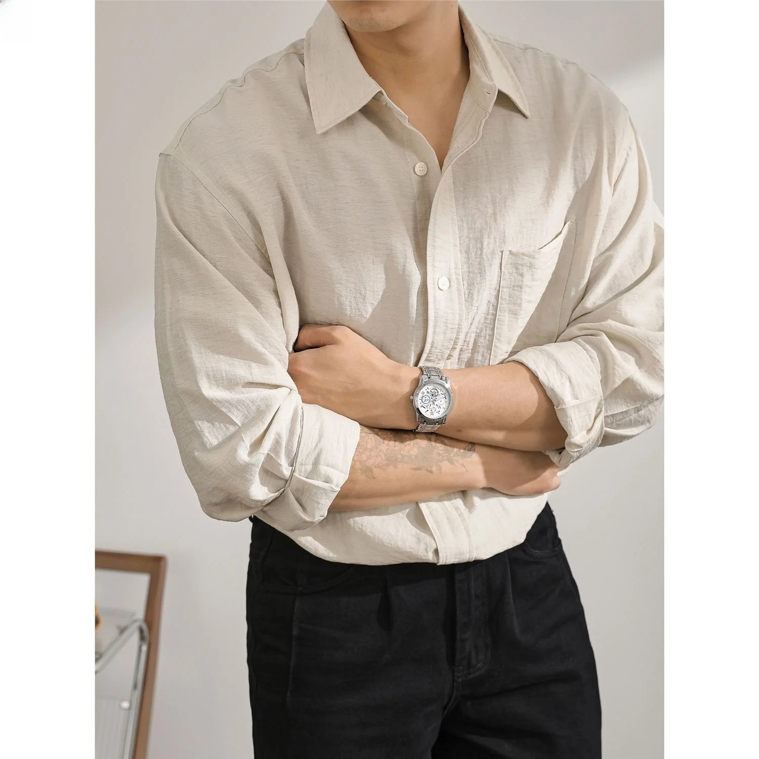 

Linen Cotton Blend Men's Shirt Thin Breathable Long Sleeve Turn-down Collar Summer Fashion Casual Wear