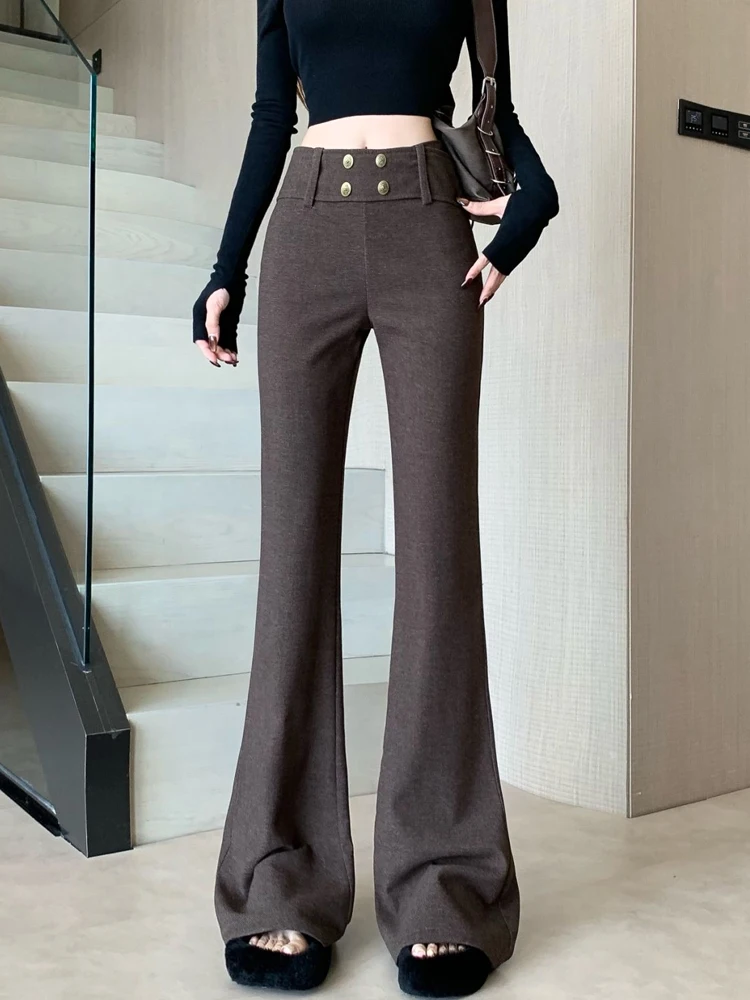 American style high waisted casual pants women's autumn design retro  slim fit and floor length micro flared pants
