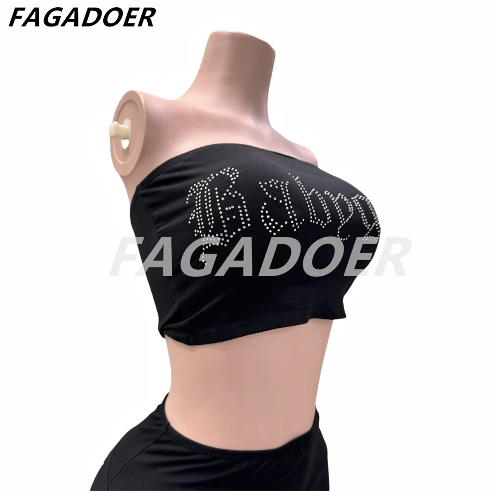 FAGADOER Rhinestone Letter Tube 2 Piece Set for Women Y2K Black Streetwear Fashion Tube Backless Crop Tops And Skiny Pants Suits