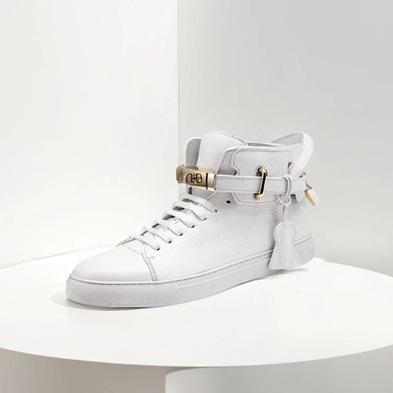 

Men Short Boots Men's Cow Leather Lace-up Lock Decoration Business Sneakers Casual Shoes Luxe Flat Boots White Handmade