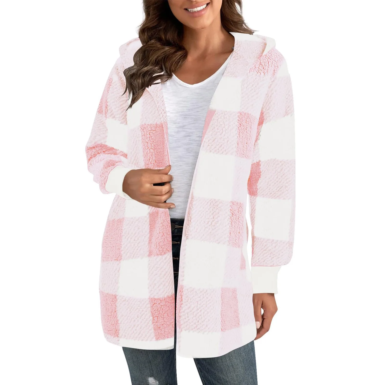 Womens Winter Coats Warm Plush Jackets Open Front Long Sleeve Cardigan Trendy Plaid Fuzzy Outerwear Coat Womens Coats Winter