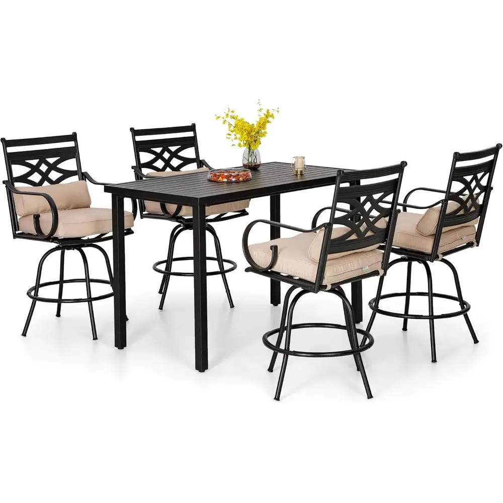 

5-Piece Outdoor Patio Bar Set with Cushions, Heavy-Duty Table and Swivel Stools