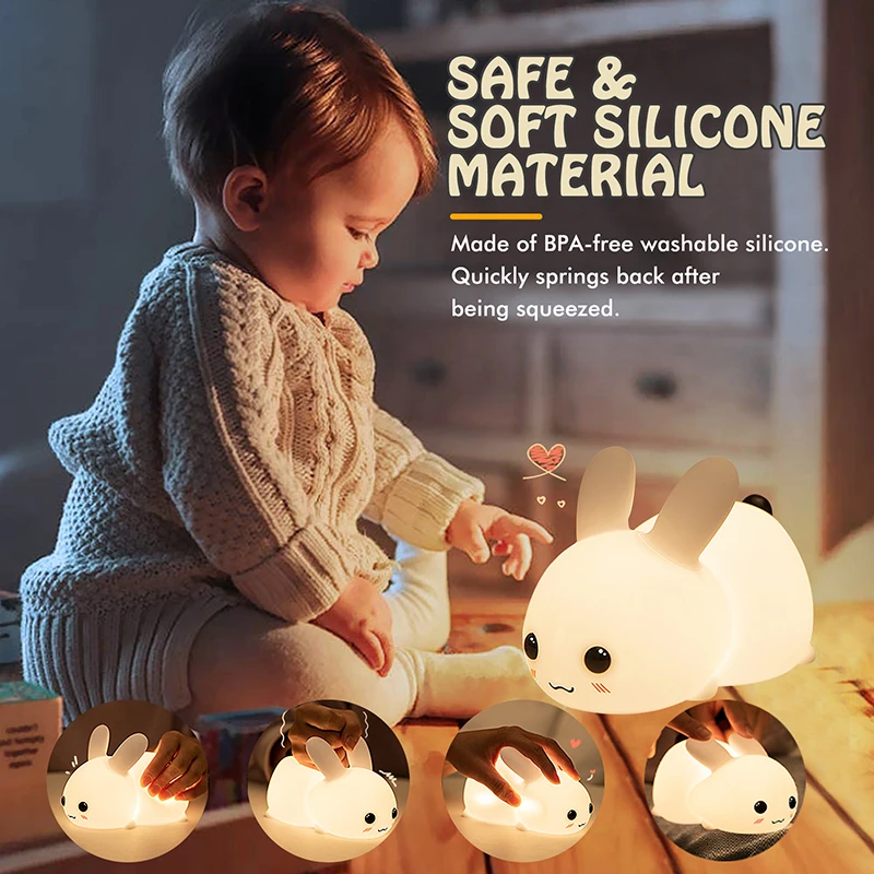 Luz nocturna de conejo con control remoto, luz de conejo de silicona, recargable, regulable, sensor táctil, regalo para niños y bebés, 1 unidad