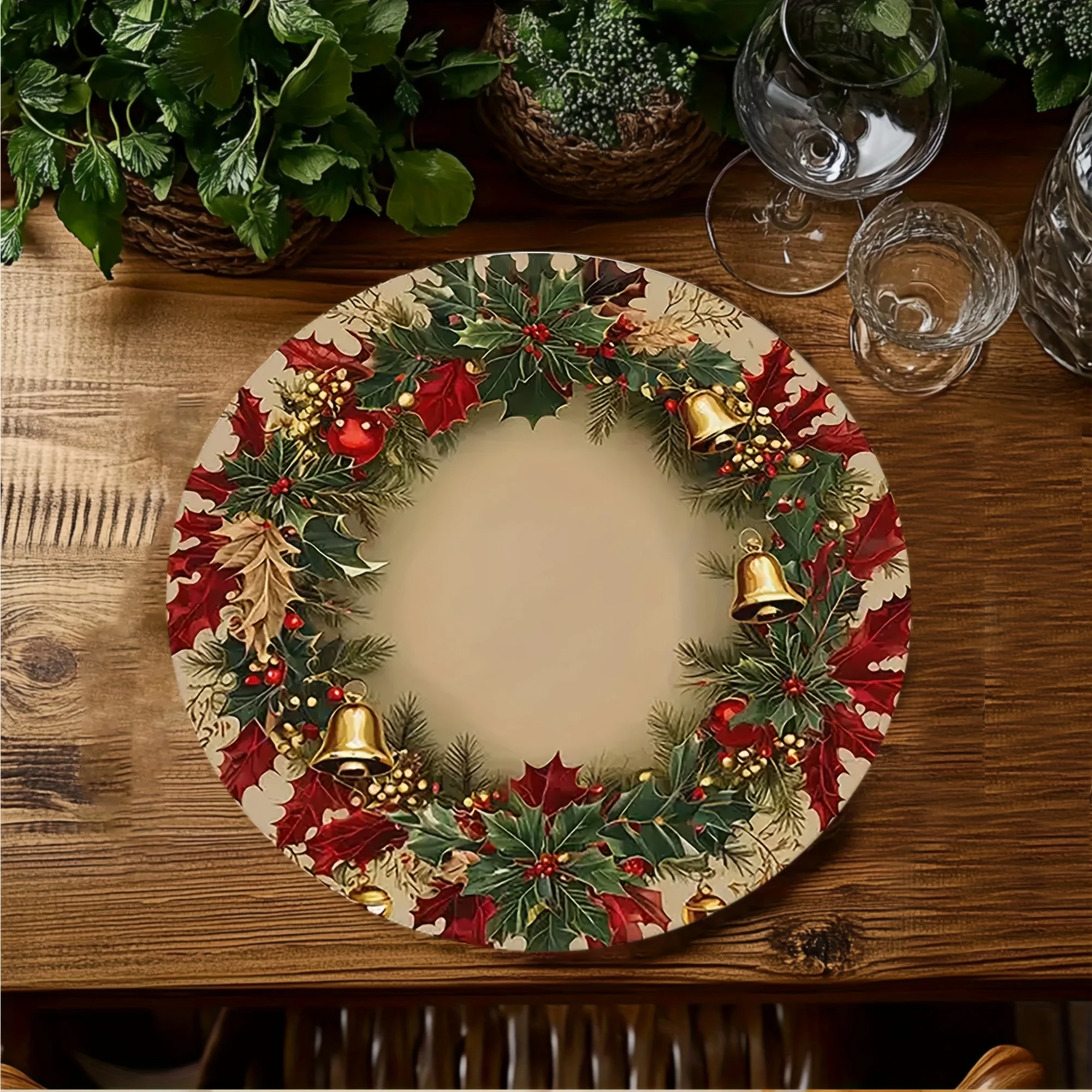 VIKAMA Round Placemats Beige Holly Berry Gold Bell Wreath Round Table Mats Farmhouse Holiday Dining Table Decor Christmas Dinner